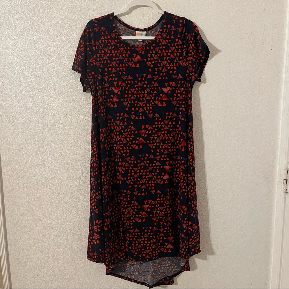 LuLaRoe Carly Dress Navy Blue Orange/Red Triangle Womens Medium